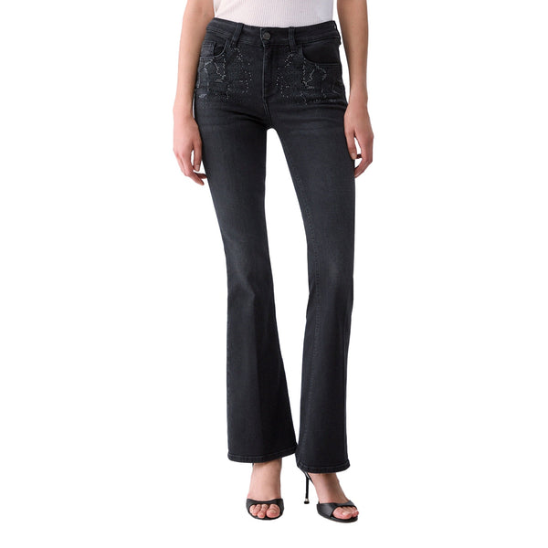 Jeans Bootcut Donna con strass in denim nero modella frontale