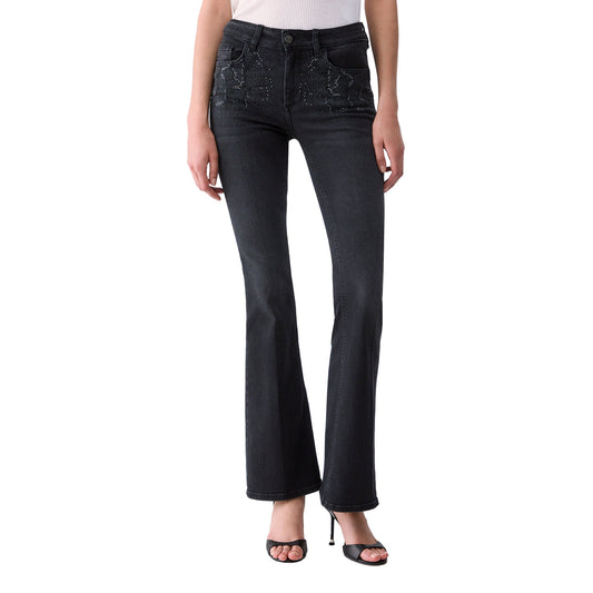 Jeans Bootcut Donna con strass in denim nero modella frontale