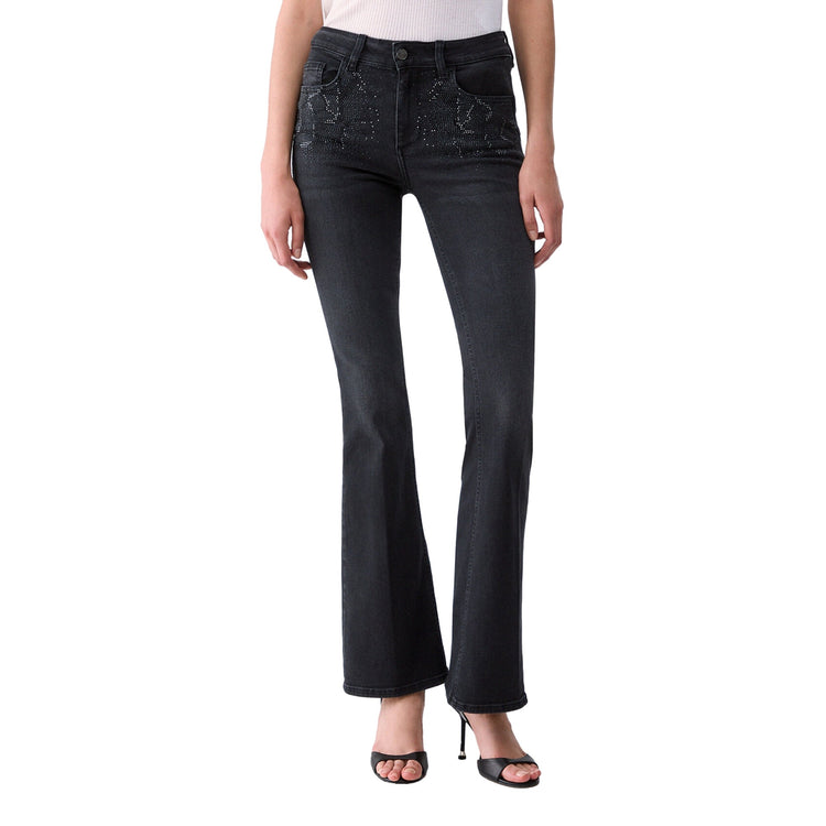 Jeans Bootcut Donna con strass in denim nero modella frontale