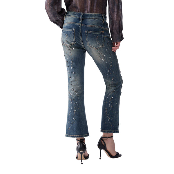 Jeans bootcut Donna con ricami gioiello modella retro