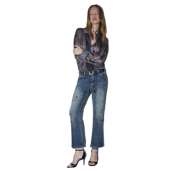 Jeans bootcut Donna con ricami gioiello modella intera frontale