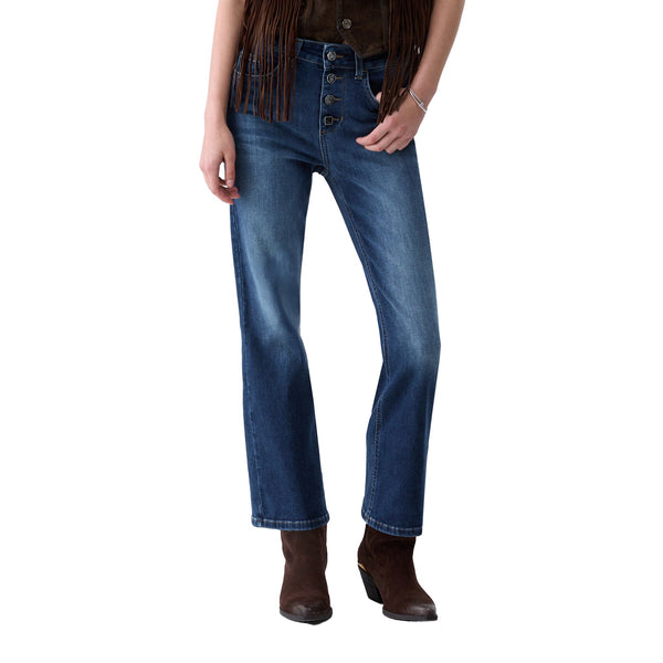 Jeans bootcut Donna con bottoni gioiello modella frontale