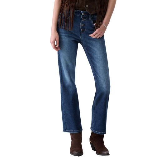 Jeans bootcut Donna con bottoni gioiello modella frontale