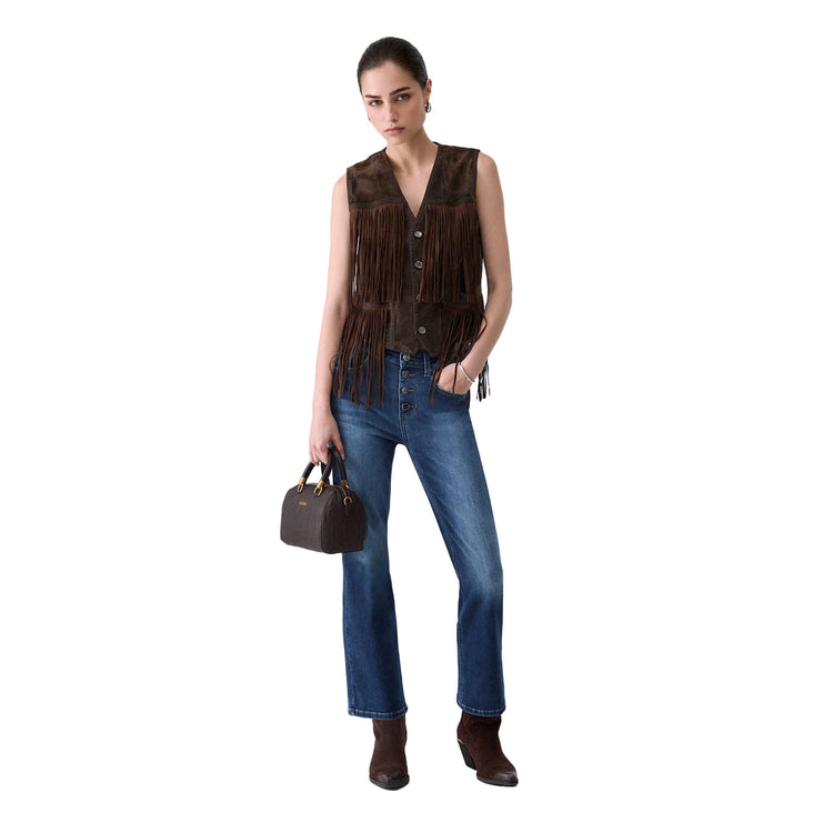 Jeans bootcut Donna con bottoni gioiello modella intera frontale