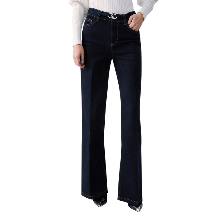Jeans Donna scuro, modello flare, con fibbia logata