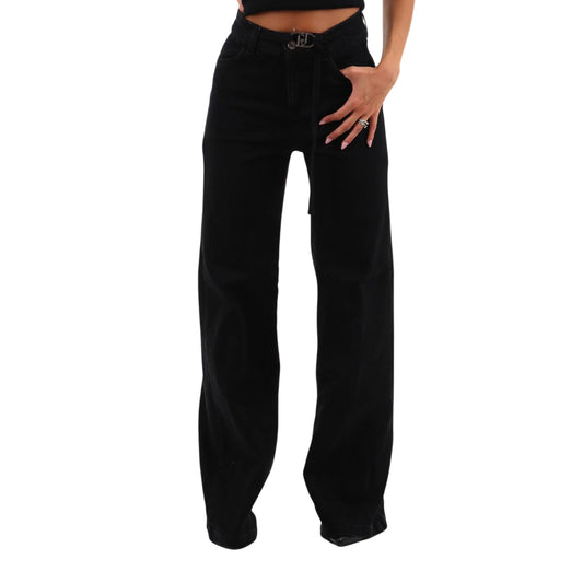 Jeans Donna Nero, modello flare, con fibbia logata