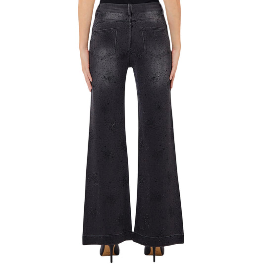 Jeans Donna a zampa, in denim nero, con strass neri, modella retro