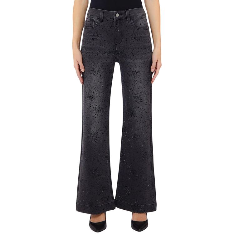 Jeans Donna a zampa, in denim nero, con strass neri, modella frontale