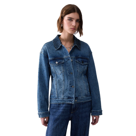 Giubbino Donna in denim con strass modella frontale