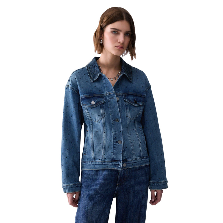 Giubbino Donna in denim con strass modella frontale