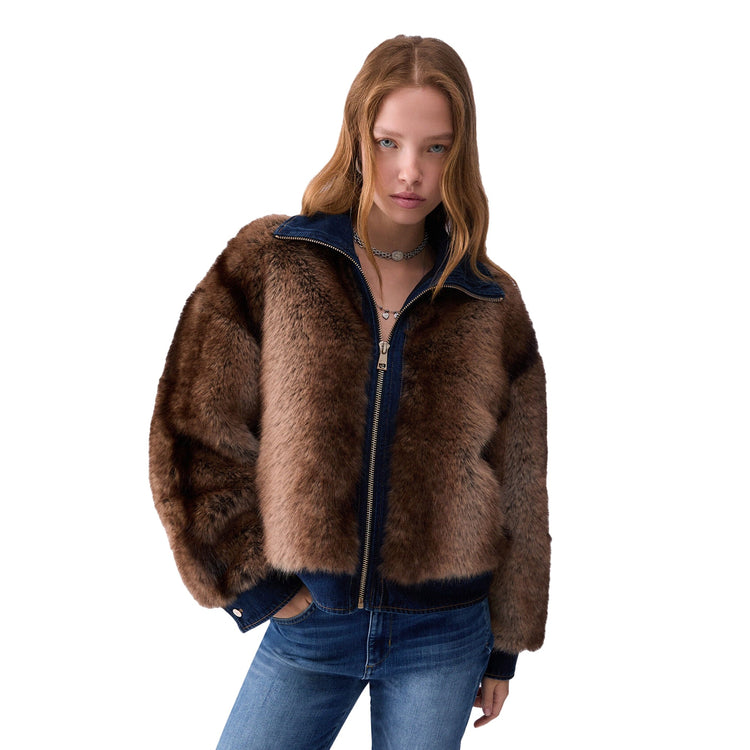 Giubbotto Donna in denim e pelliccia modella frontale