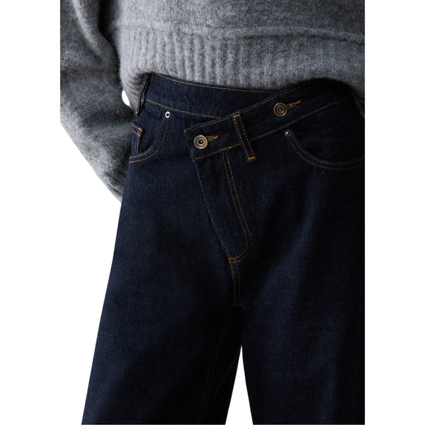 Jeans Donna scuro, cinque tasche, con vita incrociata