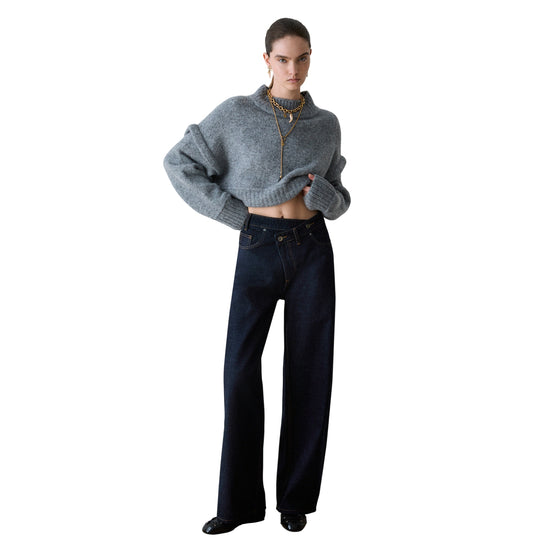 Jeans Donna scuro, cinque tasche, con vita incrociata