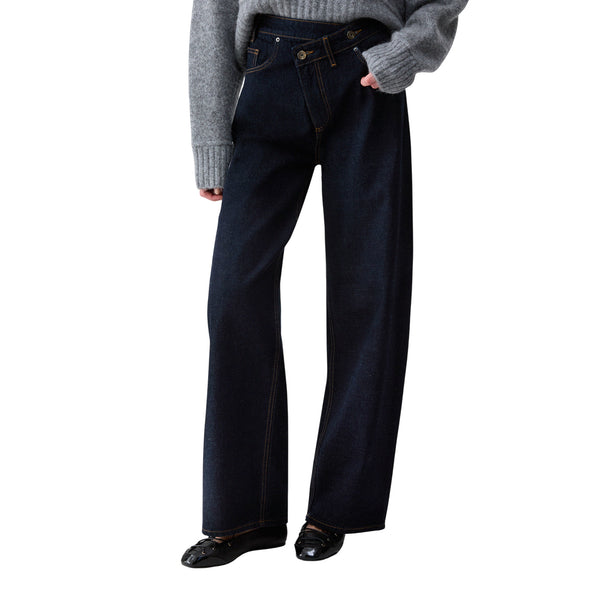 Jeans Donna scuro, cinque tasche, con vita incrociata