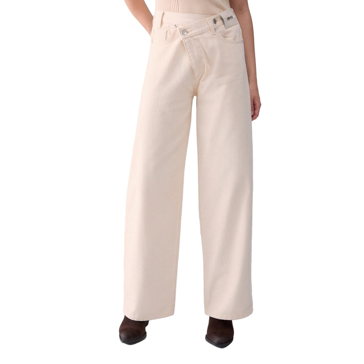 Pantalone Donna con vita asimmetrica beige chiaro modella frontale