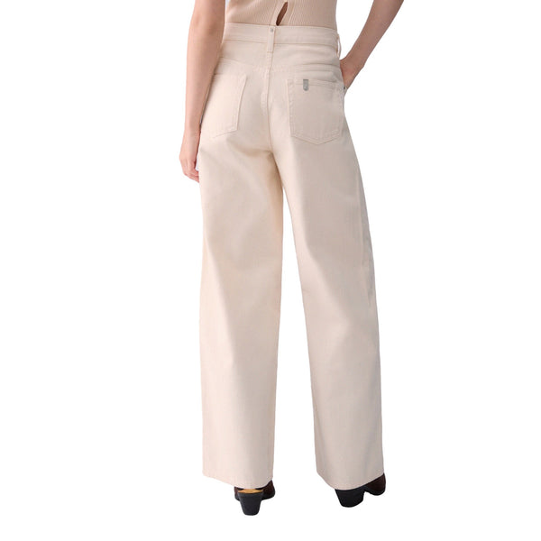 Pantalone Donna con vita asimmetrica beige chiaro modella retro