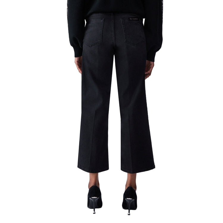 Pantalone Donna flare cropped in denim nero modella retro