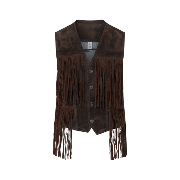 Gilet Donna in tessuto floccato con frange marrone