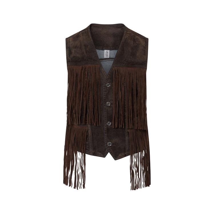 Gilet Donna in tessuto floccato con frange marrone