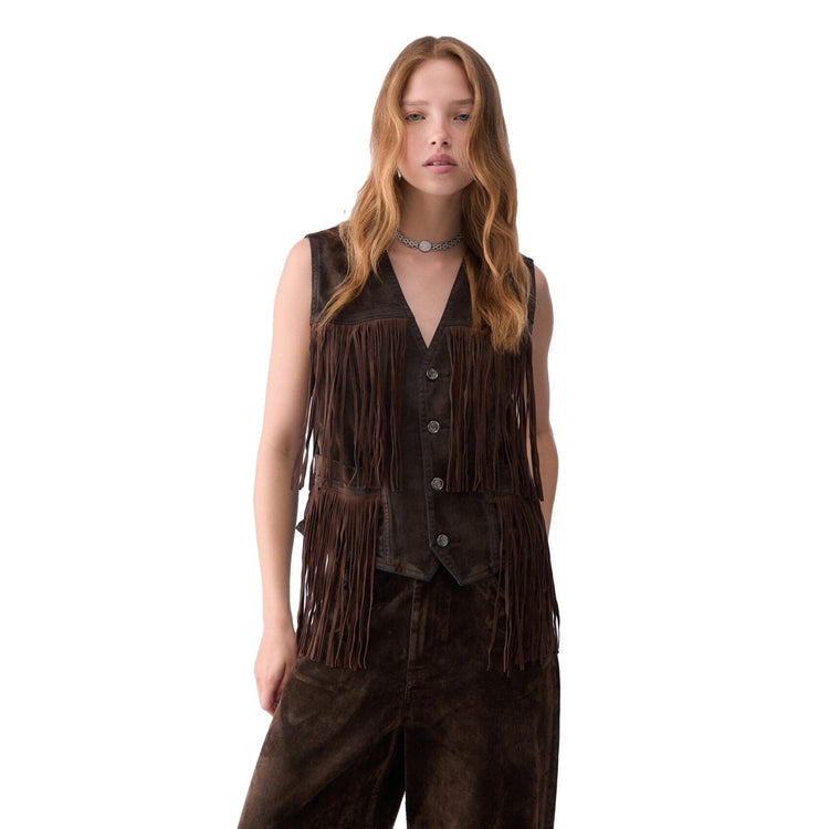 Gilet Donna in tessuto floccato con frange marrone, modella frontale