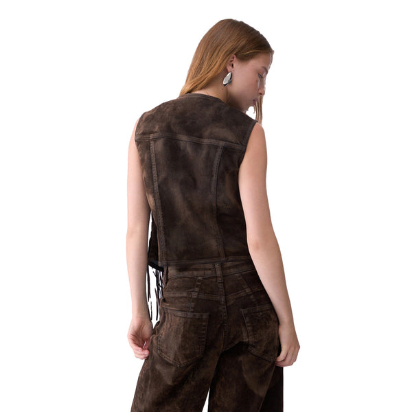Gilet Donna in tessuto floccato con frange marrone, modella retro