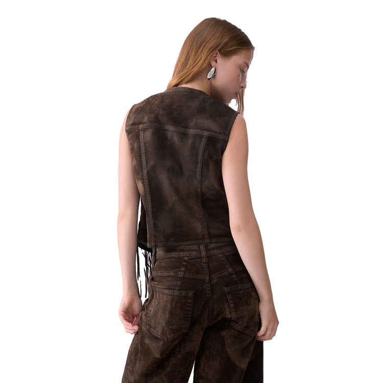 Gilet Donna in tessuto floccato con frange marrone, modella retro