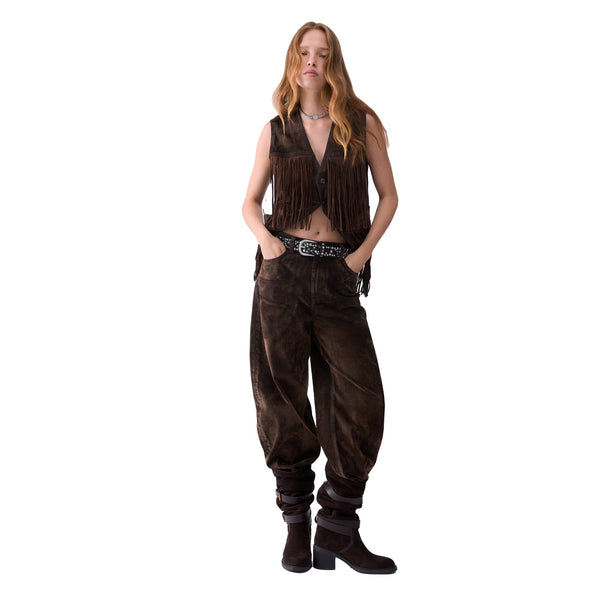 Pantaloni Donna balloon in velluto marrone modella frontale intera