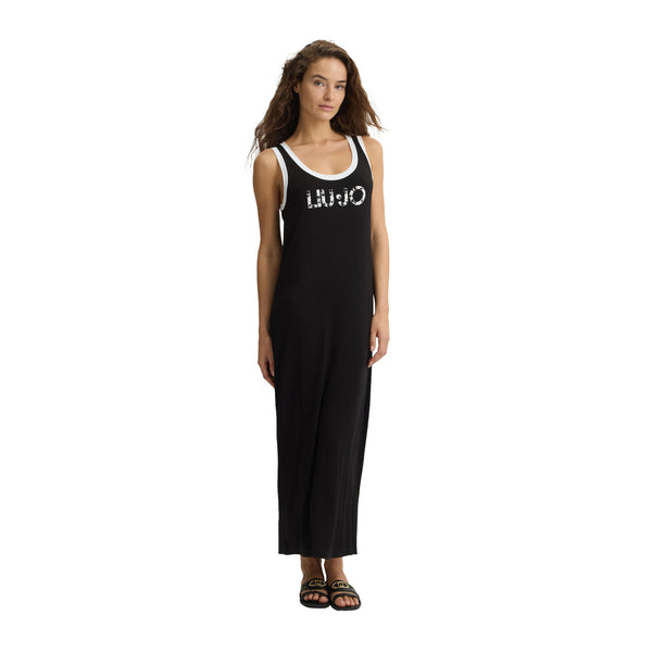 Abito lungo Nero da donna con logo frontale modella frontale
