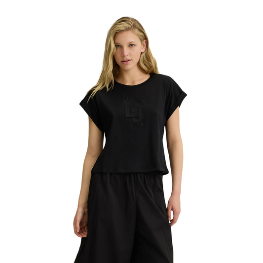 T-shirt nera da donna con logo ricamato e strass modella frontale