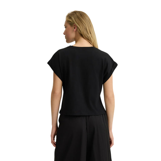 T-shirt nera da donna con logo ricamato e strass modella retro