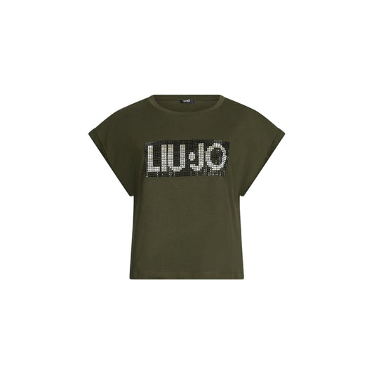 T-shirt verde da donna con logo e strass bicolor