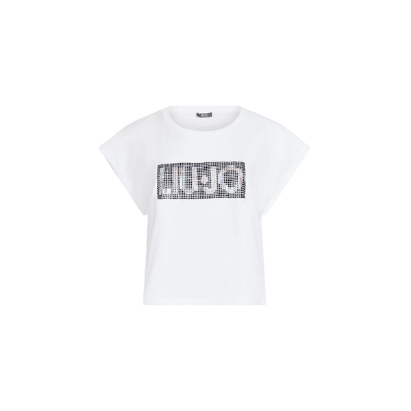 T-shirt bianca da donna con logo e strass