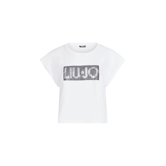 T-shirt bianca da donna con logo e strass