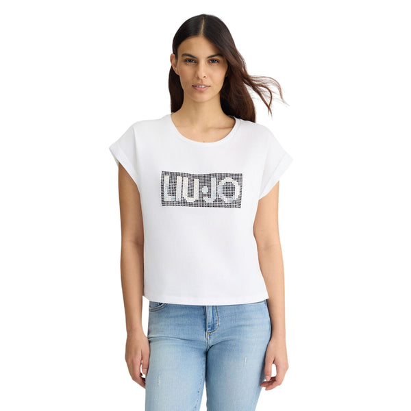 T-shirt bianca da donna con logo e strass
