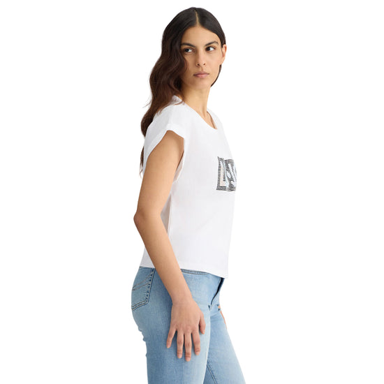 T-shirt bianca da donna con logo e strass