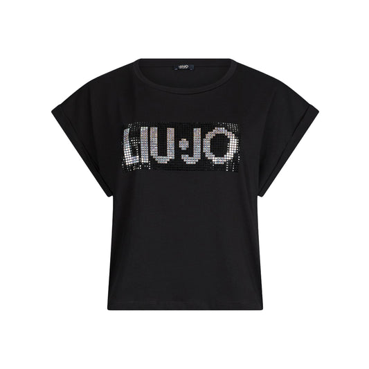 T-shirt nera da donna con logo e strass