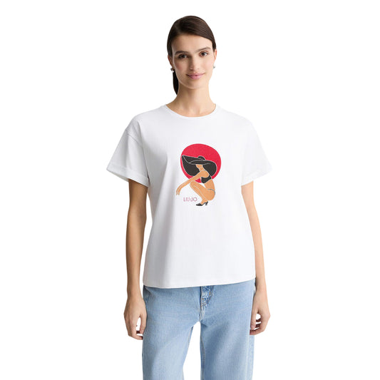 T-shirt Bianca da Donna con stampa grafica modella frontale