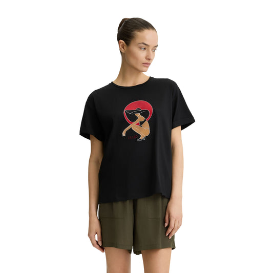 T-shirt Nera da Donna con stampa grafica modella frontale