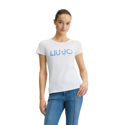 T-shirt bianca da donna con logo jeans modella frontale