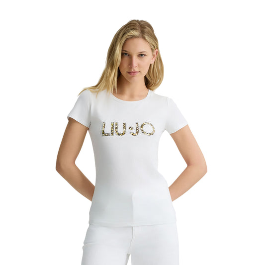 T-shirt bianca da donna con logo animalier frontale modella frontale