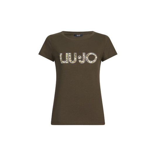 T-shirt verde da donna con logo animalier con strass