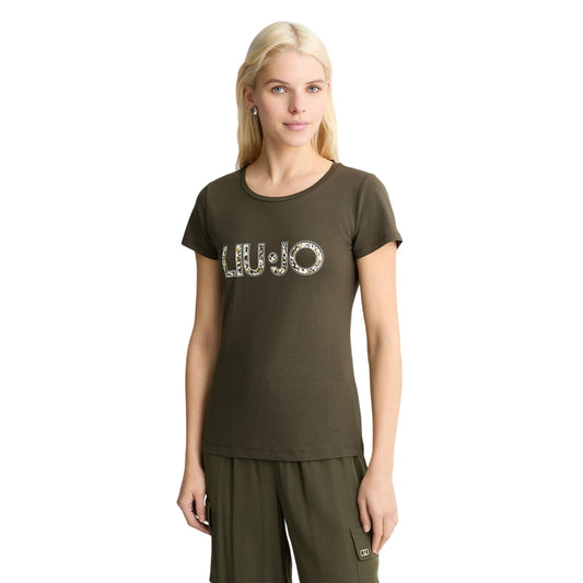 T-shirt verde da donna con logo animalier con strass modella frontale 