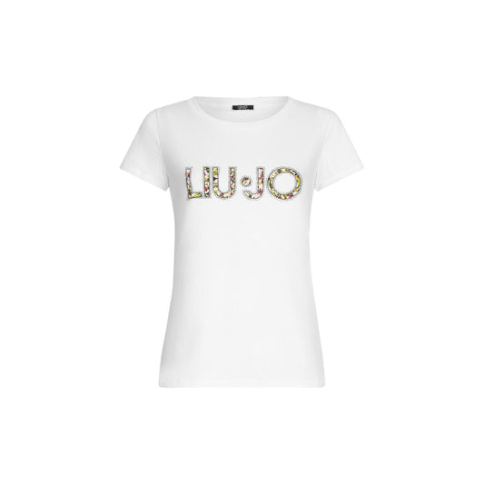 T-shirt bianca da donna con logo floreale con strass