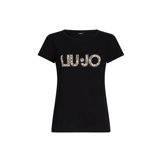 T-shirt nera da donna con logo e strass