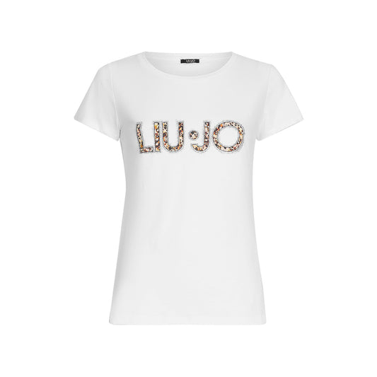 T-shirt bianca da donna con logo e strass
