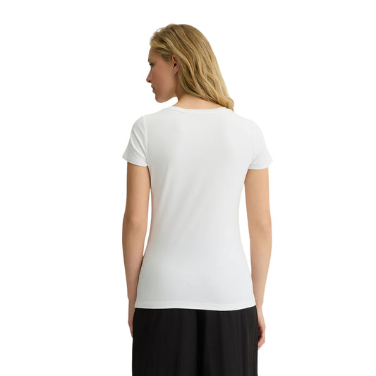 T-shirt bianca da donna in viscosa con logo modella retro