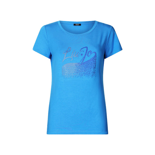 T-shirt Donna in tinta unita blu con strass
