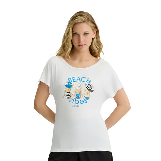 T-shirt Bianca da donna con stampa frontale modella frontale