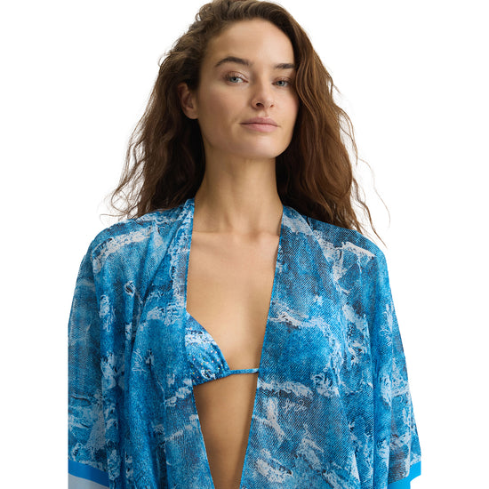 Copricostume Donna con stampa jeans modella frontale ravvicinata