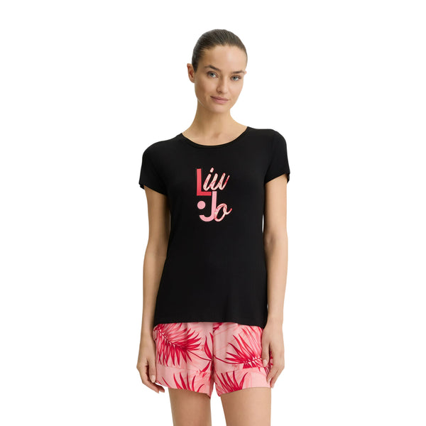 T-shirt Nera da Donna con logo palme e strass modella frontale